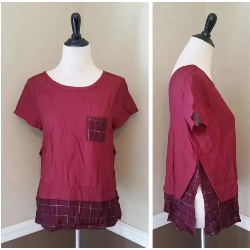 NEW Modcloth Doe & Rae Burgundy Plaid Short Sleeve Blouse with Side Slits Small